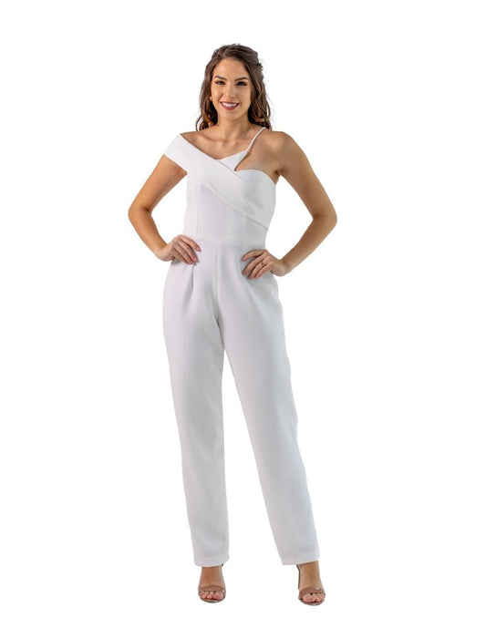 Bimba Jumpsuit asimétrico pantalón recto con top strapless decorado con cinta cruzada al hombro. Ideal para un look de novia vanguardista.