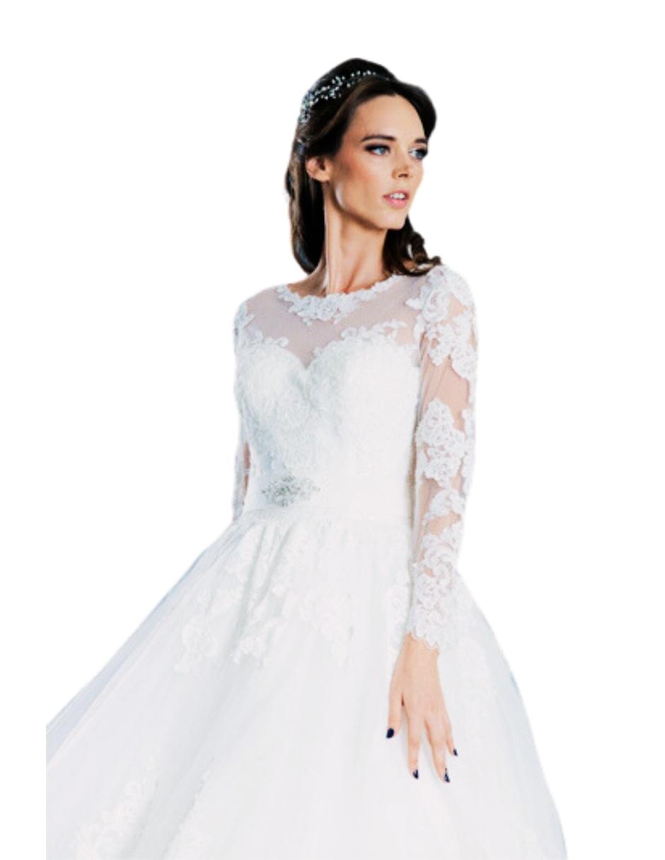 Calista vestido mangas encaje con falda amplia princesa. Espectacular encaje bordado y delicada espalda con transparencia. Un vestido romántico ideal opara una boda elegante
