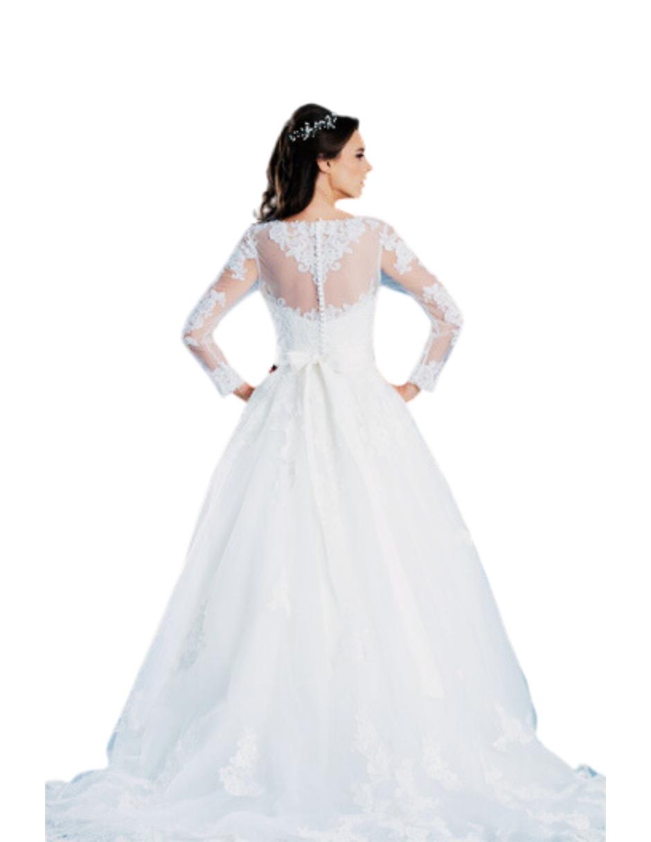 Calista vestido mangas encaje con falda amplia princesa. Espectacular encaje bordado y delicada espalda con transparencia. Un vestido romántico ideal opara una boda elegante