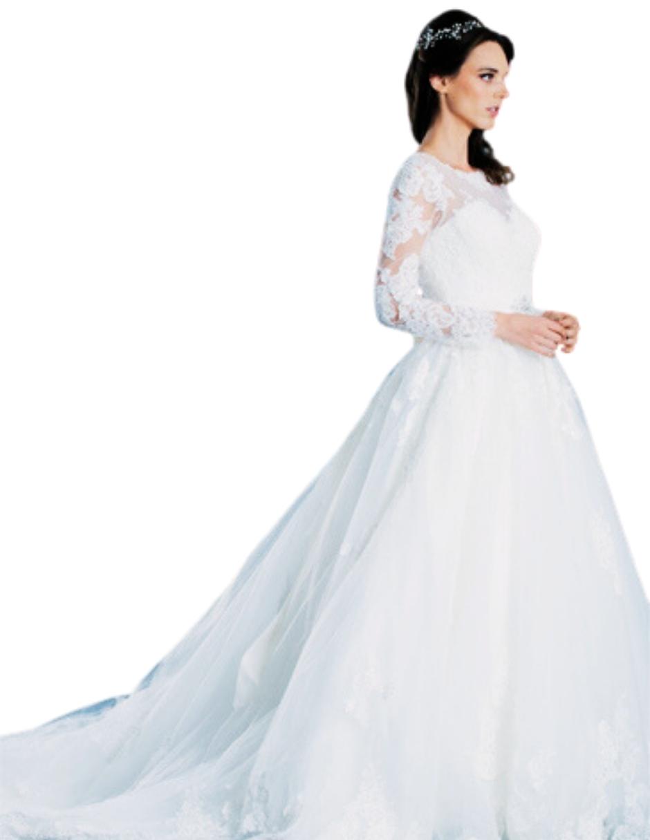 Calista vestido mangas encaje con falda amplia princesa. Espectacular encaje bordado y delicada espalda con transparencia. Un vestido romántico ideal opara una boda elegante
