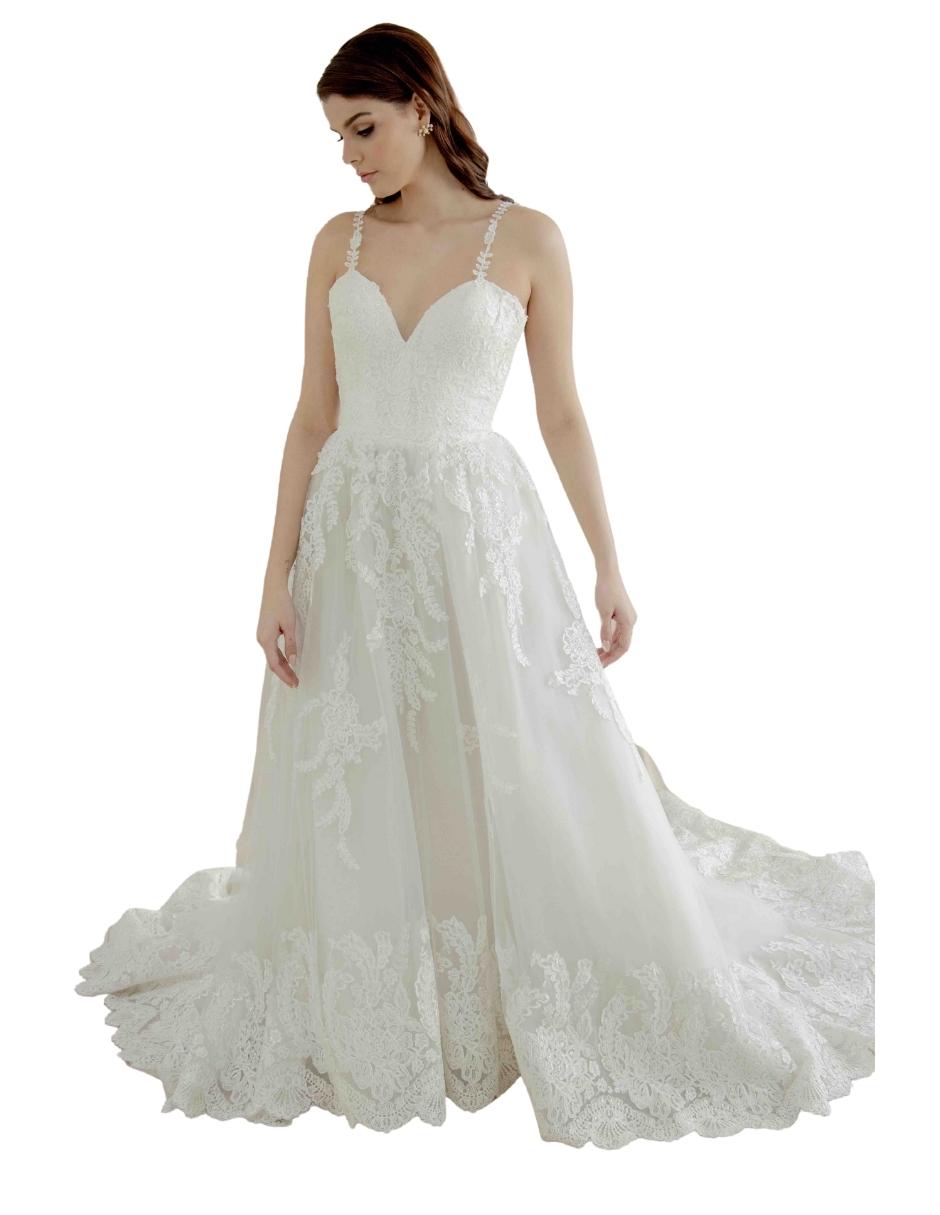 Clara vestido princesa de delicado encaje ideal para un look elegante. Escote corazón con tirantes spaghetti de encaje. Espalda baja espectacular.