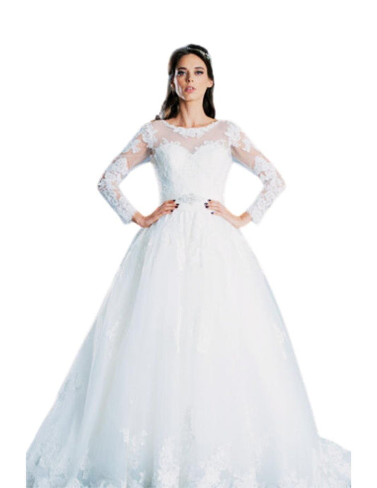 Calista vestido mangas encaje con falda amplia princesa. Espectacular encaje bordado y delicada espalda con transparencia. Un vestido romántico ideal opara una boda elegante