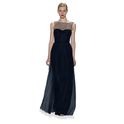 Vestido Fiesta G856 de gasa de seda escote corazon con transparencia en hombros